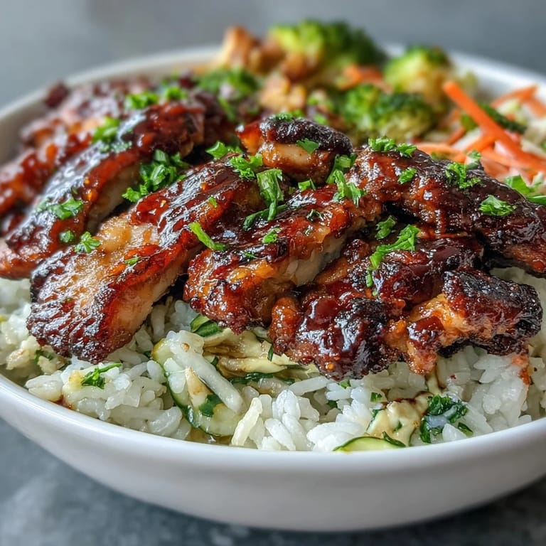 Sliced BBQ Chicken Bowl topped with colorful roasted vegetables on a bed of fluffy white rice.