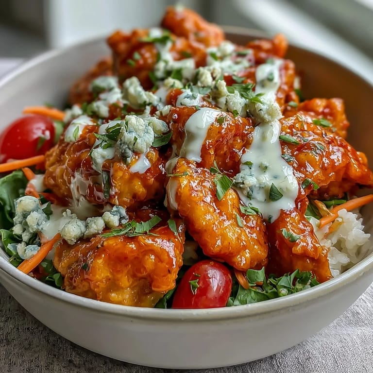 A spicy Buffalo Chicken Bowl served over warm rice with cherry tomatoes, cucumbers, and red onion.