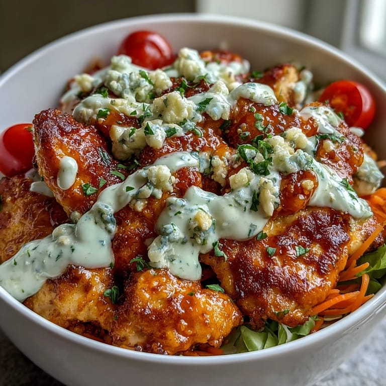 Sizzling buffalo chicken atop a colorful veggie-packed bowl, finished with creamy ranch and crunchy blue cheese.