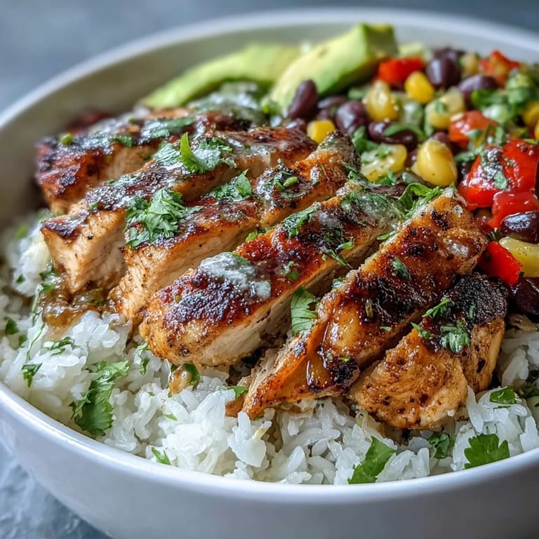 A finished Cajun Chicken Bowl garnished with lime wedges and cilantro, a perfect gluten-free main dish for dinner.