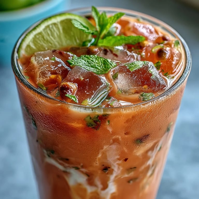 Two tall glasses of DIY Iced Guava Passionfruit Drink with ice cubes, lime wedges, and tropical fruit slices.