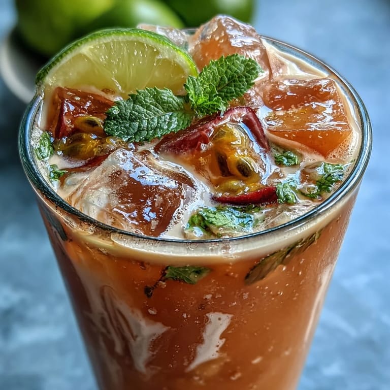 Refreshing DIY Iced Guava Passionfruit Drink poured over ice, showing creamy coconut milk swirl and fresh strawberry garnish.