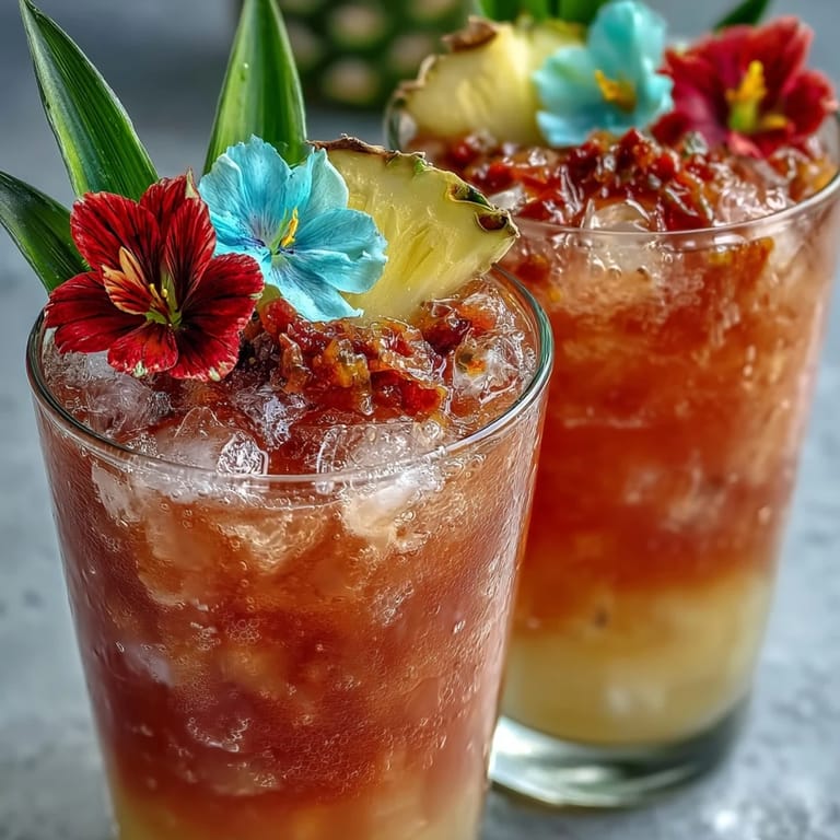 Close-up of homemade Iced Guava Passionfruit Drink topped with pineapple, coconut milk foam, and tropical vibes.