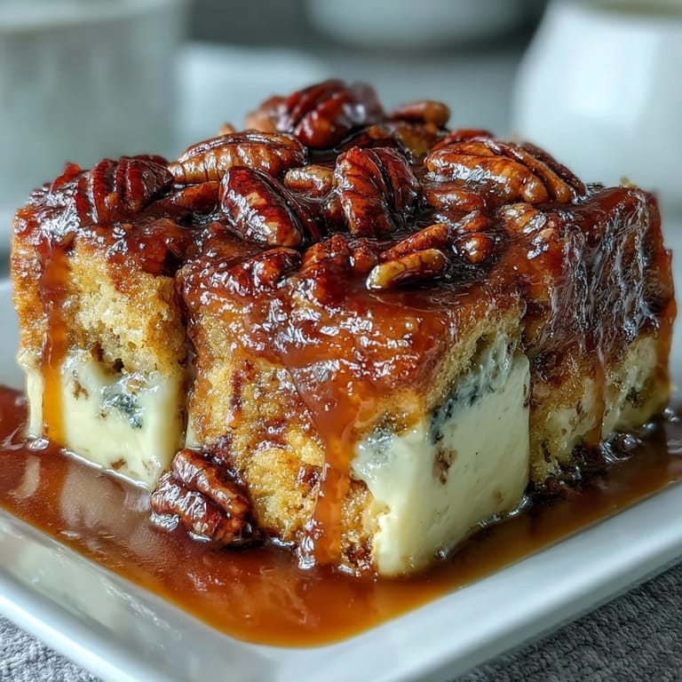 Freshly baked Guava Caramel Bread Pudding With Pecans shows a golden crust, gooey guava swirls, and chopped pecans on a rustic wooden table.
