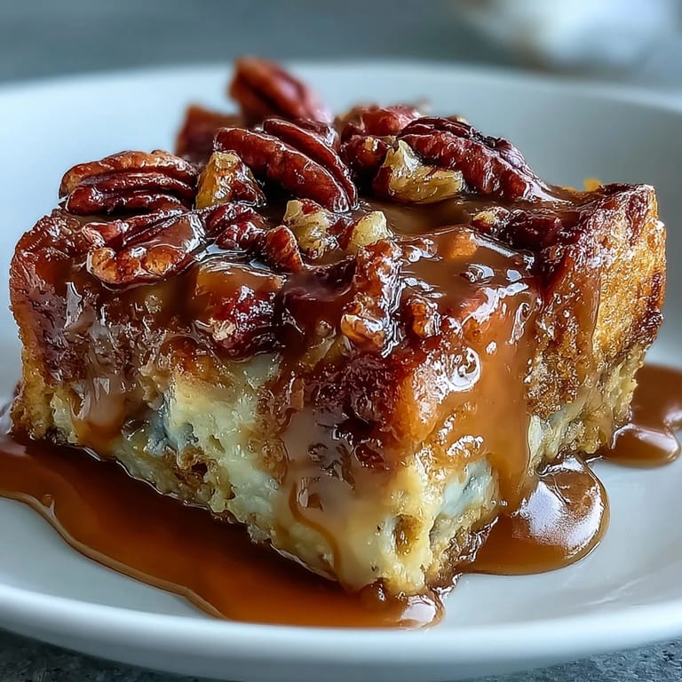 A scoop of vanilla ice cream melts over Guava Caramel Bread Pudding With Pecans, highlighting the creamy custard and rich caramel drizzle.