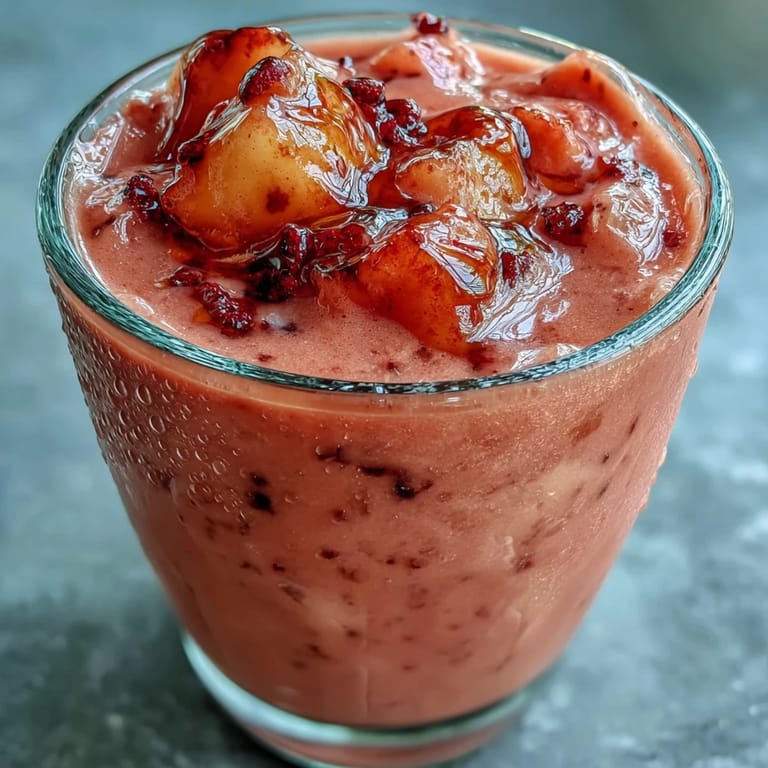 Blender making Guava Juice Smoothie with Greek yogurt, honey, and frozen mango, topped with a bright pink guava slice.