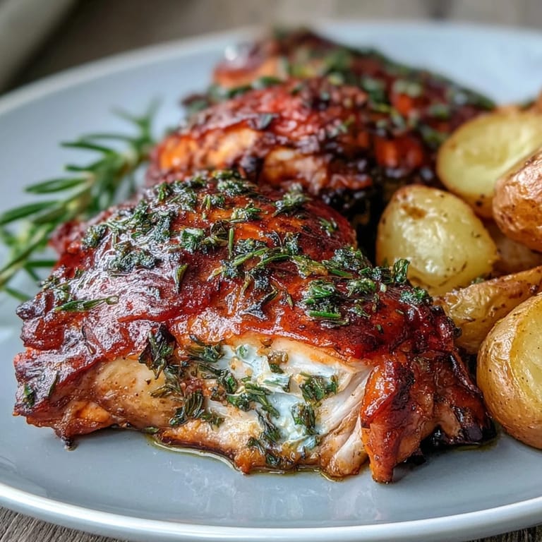 Juicy roasted chicken with lemon and herb flavors, accompanied by crispy baby potatoes, ideal for elegant spring dining.