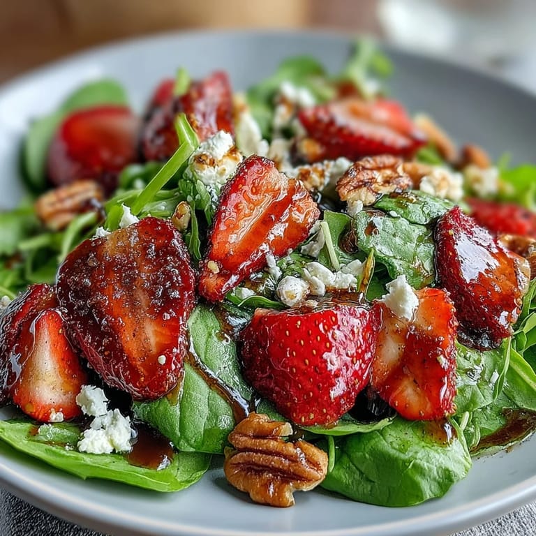 Spring Dinner Party Strawberry Arugula Salad with Balsamic Glaze: Elegant strawberry arugula salad with toasted nuts, goat cheese, and balsamic glaze—ideal for spring dinner parties.