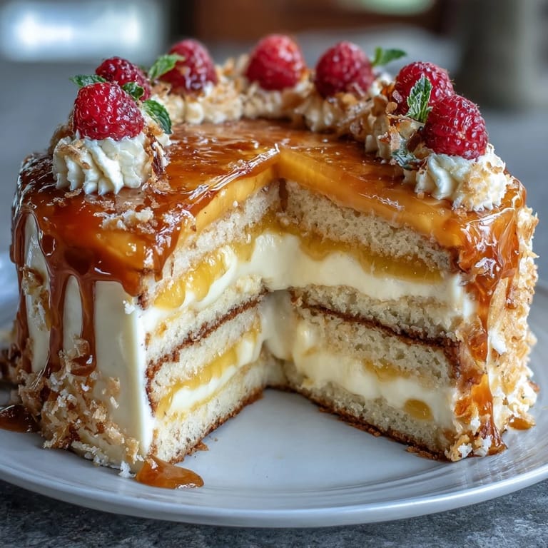Festive sheet cake with tangy lemon curd center, fluffy vanilla layers, and seasonal berry topping for a springtime birthday celebration.