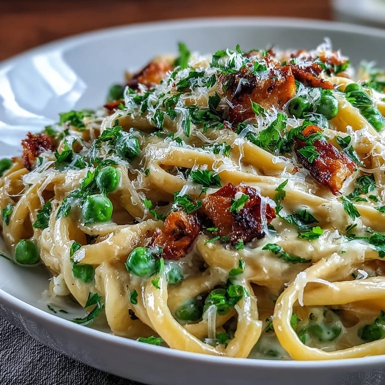 Creamy lemon butter sauce coats tender pasta and sweet peas, finished with a sprinkle of Parmesan for a comforting, zesty meal.