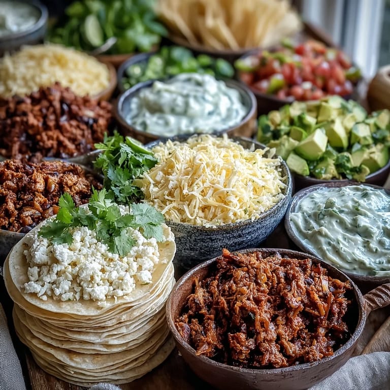 Colorful taco bar featuring warm tortillas, fresh toppings, and zesty salsas for Cinco de Mayo.