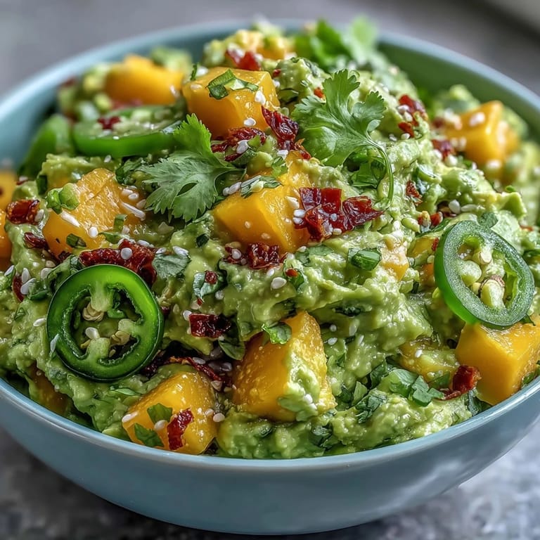 Easy Cinco de Mayo guacamole bursting with fresh mango and zesty jalapeño for a sweet and spicy twist.  