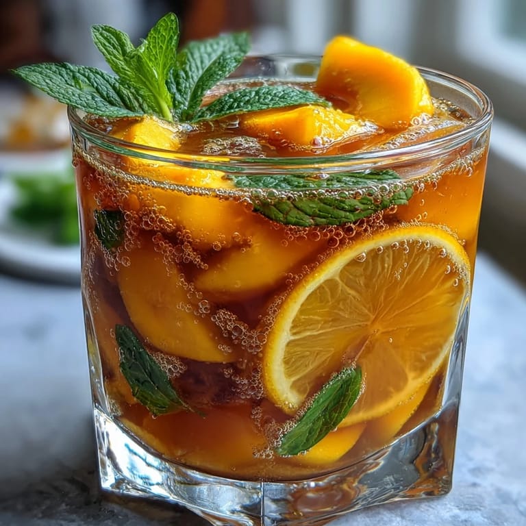 A refreshing non-alcoholic sangria with juicy mango, ripe peaches, and citrus slices, ideal for family picnics.