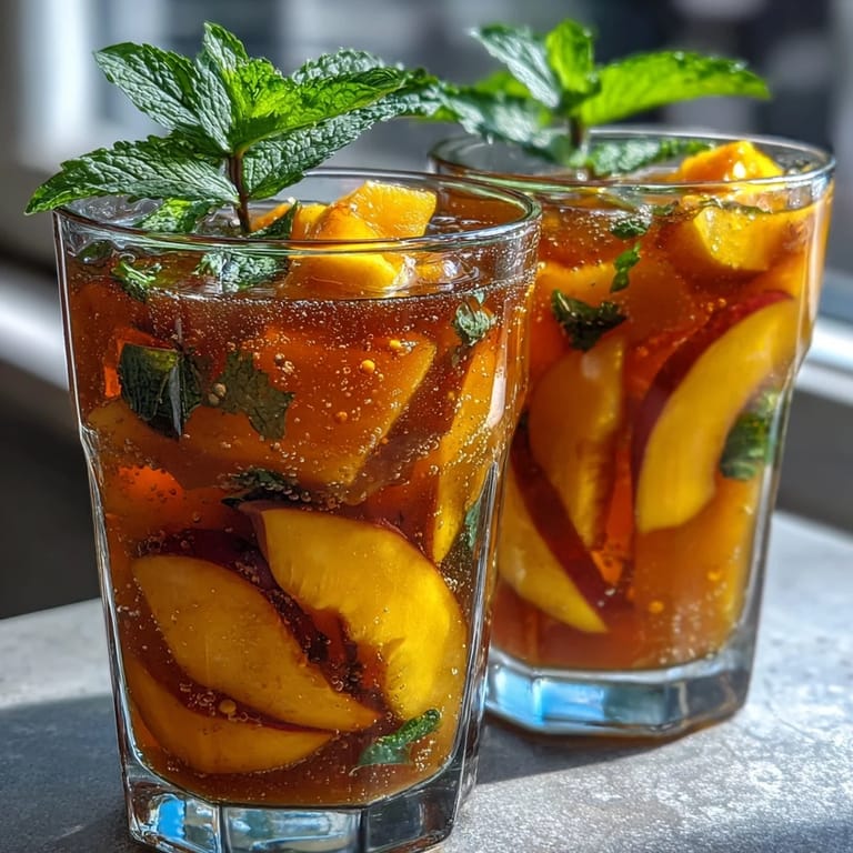 Colorful mango peach sangria served over ice with fresh mint garnish, bursting with tropical summer flavors.