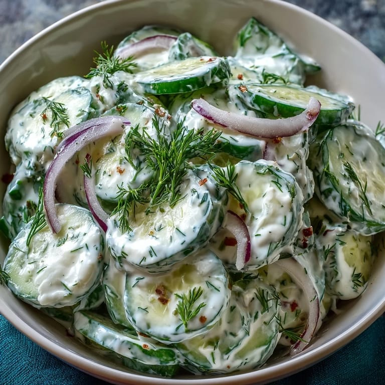 Creamy Cucumber Salad with Dill and Greek Yogurt, a light vegetarian dish perfect for picnics or grilled meals.