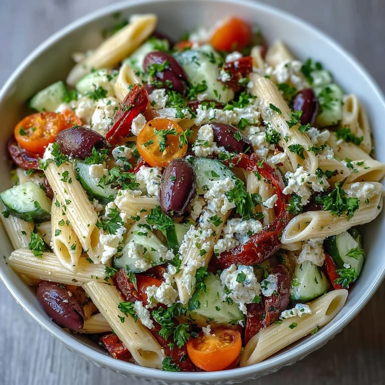 Mediterranean pasta salad featuring tangy feta, briny Kalamata olives, and crisp cucumbers in a herb dressing.