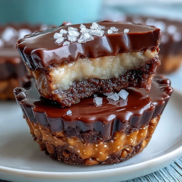 A close-up shot showing the layered texture of the chocolate peanut butter cups with a crisp pretzel base.