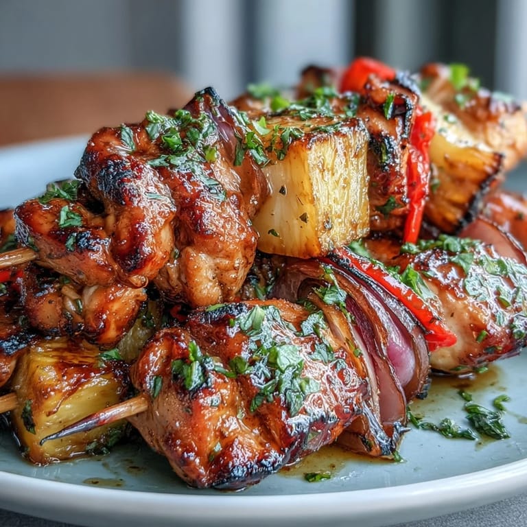 Juicy chicken and sweet pineapple chunks marinated in honey-lime sauce, perfect for summer BBQs.  