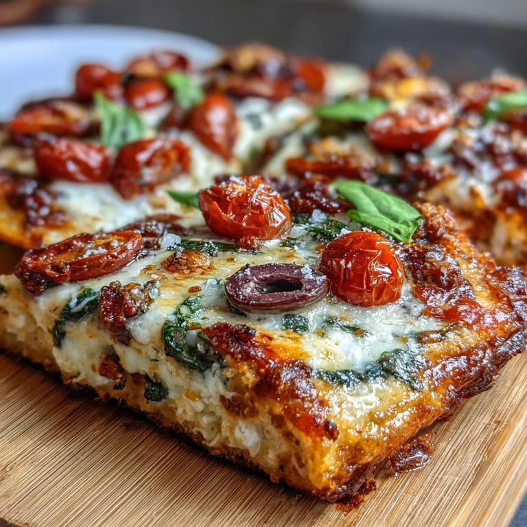 Wholesome cottage cheese flatbread pizza baked to perfection, topped with fresh vegetables and herbs.  