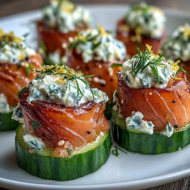 Crisp cucumber rounds topped with savory smoked salmon and herbed cream cheese frosting.