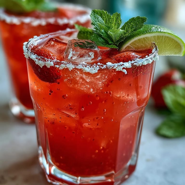 Chilled strawberry agua fresca in a glass, garnished with mint for cool refreshment.