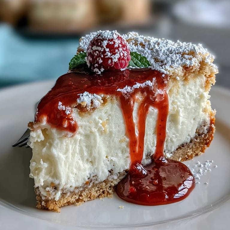 Decadent Mother's Day No-Bake Cheesecake finished with sweet, glossy raspberry sauce.