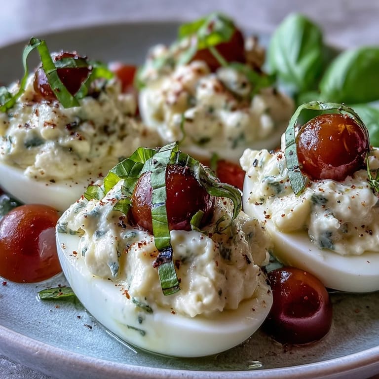 Gourmet Caprese deviled eggs ready to serve, a vibrant, easy appetizer.