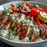 Vibrant Lemon Herb Roasted Chicken Bowl with fluffy rice and caramelized vegetables, drizzled with zesty lemon dressing for a wholesome meal.