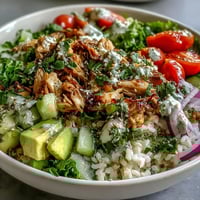 Freshly shredded rotisserie chicken nestled in a warm brown rice bowl topped with vibrant cherry tomatoes, cucumber, and avocado slices.