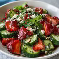 Fresh spring salad with crisp cucumber, sweet strawberries, and fragrant mint, drizzled with a light lemon-honey dressing.