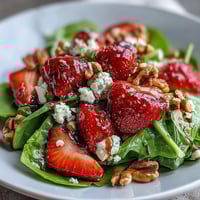Spring Dinner Party Strawberry Arugula Salad with Balsamic Glaze: Vibrant salad with fresh strawberries, arugula, goat cheese, and balsamic glaze, perfect for entertaining.