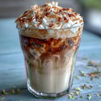 Iced Vanilla Bean Frappuccino with Toasted Coconut Foam, a creamy coffee drink blended with real vanilla bean and topped with a golden coconut foam.