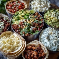 Cinco de Mayo taco bar spread with chicken, beef, and beans for a festive DIY feast.