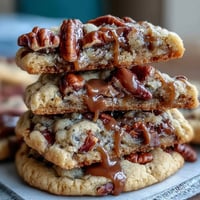 Decadent butter pecan cookies with rich caramel swirl, loaded with toasted pecans and golden-brown edges.