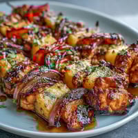 Grilled Pineapple Chicken Skewers with colorful bell peppers and red onions sizzling on a hot grill.  
