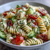 Vibrant summer pasta salad with cherry tomatoes, cucumbers, and Italian dressing, perfect for picnics or potlucks.