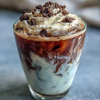 A tall glass of creamy cookies-and-cream cold brew coffee topped with whipped cream and crushed Oreos.