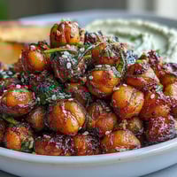 Roasted Crispy Chickpea Bowls piled high with grilled vegetables and creamy hummus.