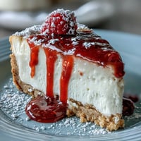 Creamy Mother's Day No-Bake Cheesecake with vibrant homemade raspberry coulis.
