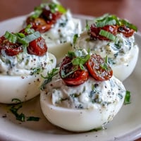 Caprese deviled eggs topped with fresh basil oil, colorful tomatoes, and mozzarella.